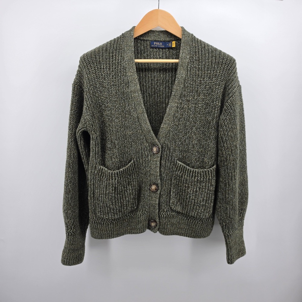 Polo Ralph Lauren Olive Green Cotton Linen Silk Rib Knit Cardigan Sweater Mens M